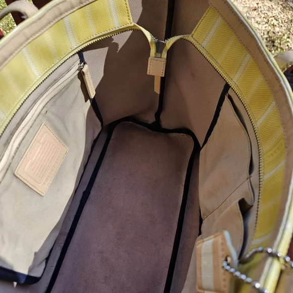 Coach Yellow and White Stripe Canvas Tote with Leather Trim - Picture 7 of 7